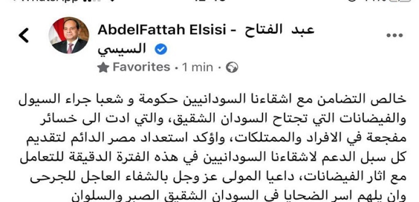 الرئيس السيسى يعبر عن تضامن مصر الكامل مع اشقاءنا فى السوادن جراء السيول