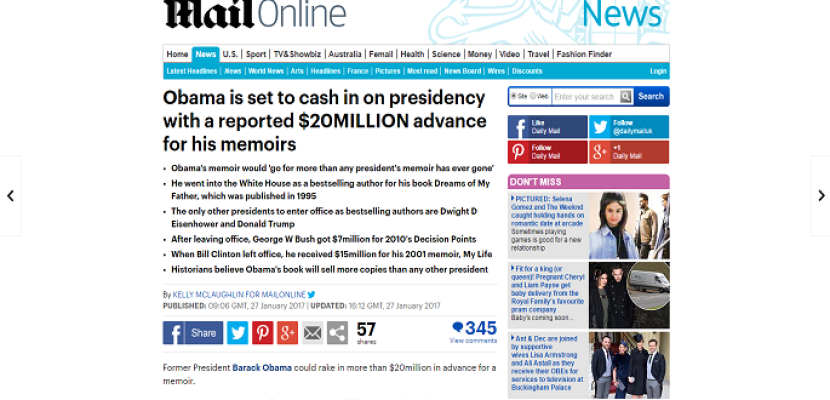 الديلى ميل: أوباما يتعاقد مع دار نشر لكتابة مذكراته مقابل 20 مليون دولار