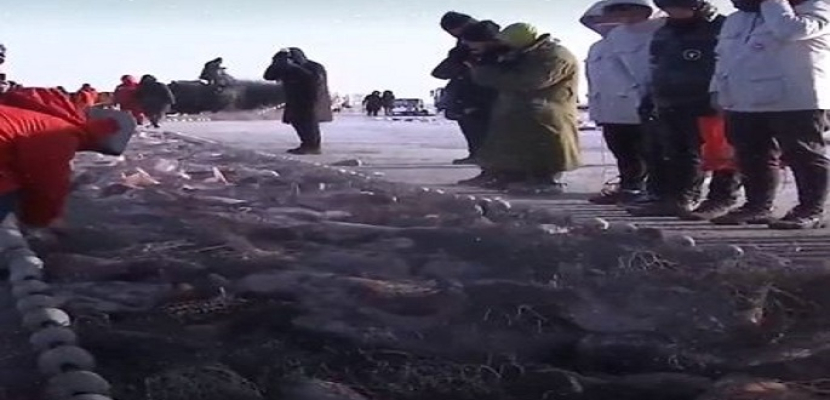 صينيون يصطادون السمك بوسيلة غريبة من تحت الجليد فى تقليد سنوى