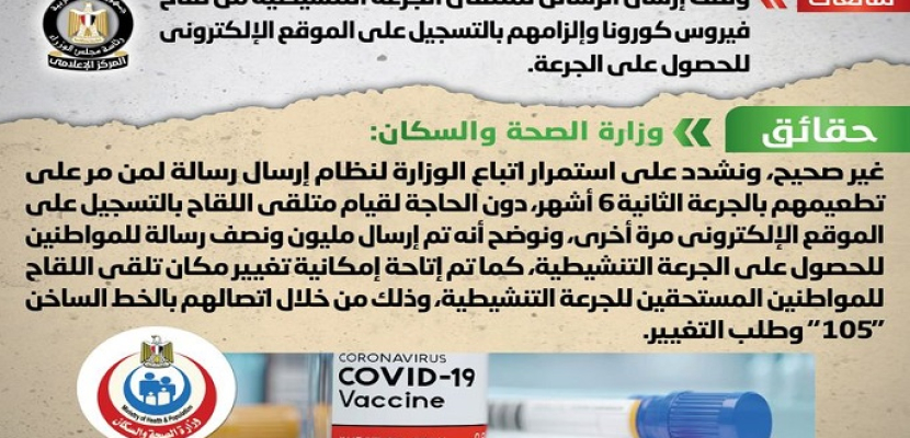 الحكومة تنفى وقف إرسال الرسائل لمتلقي الجرعة التنشيطية من لقاح فيروس كورونا