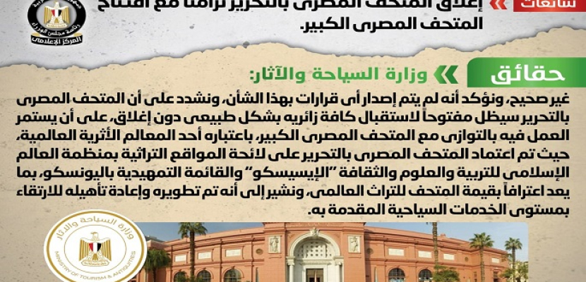 الحكومة تنفي شائعة إغلاق المتحف المصري بالتحرير تزامناً مع افتتاح المتحف المصري الكبير