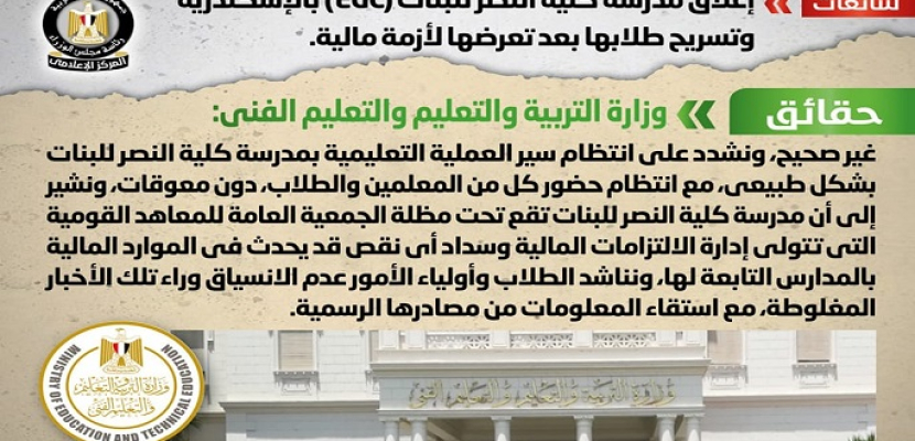 الحكومة تنفي إغلاق مدرسة كلية النصر للبنات (EGC) بالإسكندرية