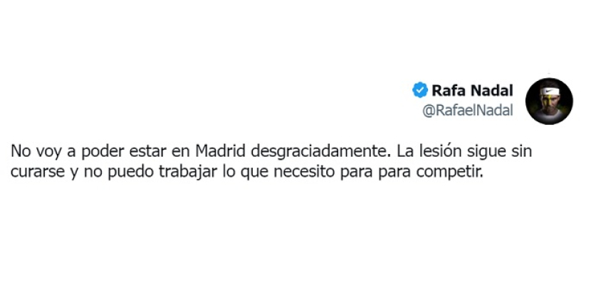 نادال يعلن انسحابة رسميا من بطولة مدريد للتنس