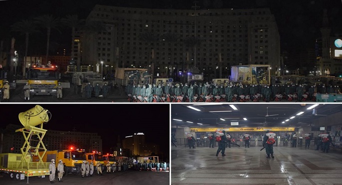 القوات المسلحة تقوم بأعمال التعقيم الوقائي لمجمع التحرير وعدد من الميادين والشوارع الرئيسية
