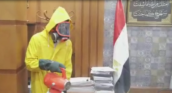التنظيم والإدارة: تعقيم مبنى الجهاز وتشديد الإجراءات الاحترازية لمنع انتشار فيروس كورونا