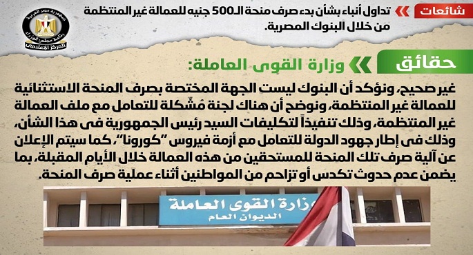 مجلس الوزراء ينفي البدء في صرف منحة الـ 500 جنيه للعمالة غير المنتظمة من خلال البنوك المصرية