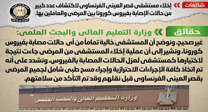 الحكومة تنفى شائعة إخلاء مستشفى قصر العينى الفرنساوى لاكتشاف عدد كبير من حالات الإصابة بكورونا