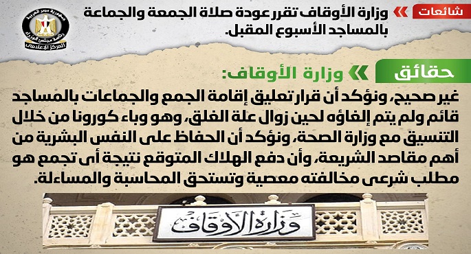 الحكومة تنفى شائعة عودة صلاة الجمعة والجماعة بالمساجد الأسبوع المقبل