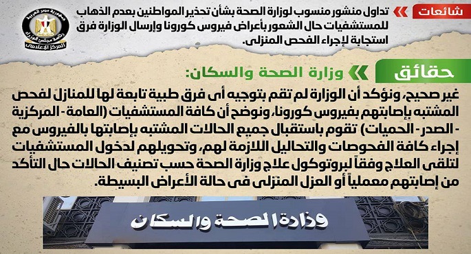 الحكومة تنفي إصدار منشور التحذير من الذهاب للمستشفيات حال الشعور بأعراض كورونا
