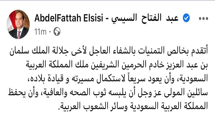 الرئيس السيسي يعرب عن تمنياته للعاهل السعودي بالشفاء العاجل