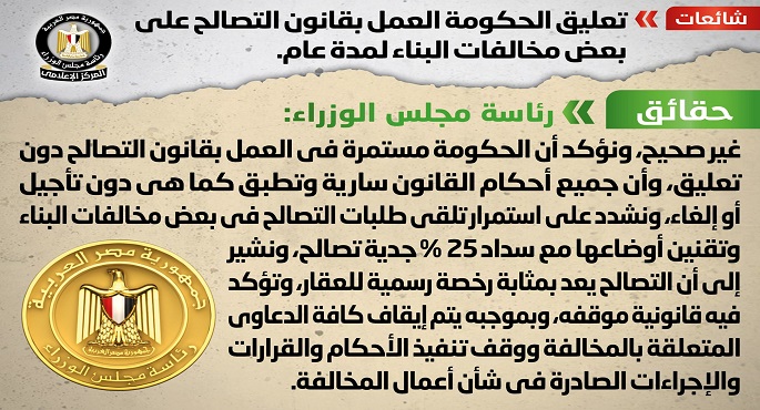 مجلس الوزراء: لا صحة لتعليق العمل بقانون التصالح على بعض مخالفات البناء لمدة عام