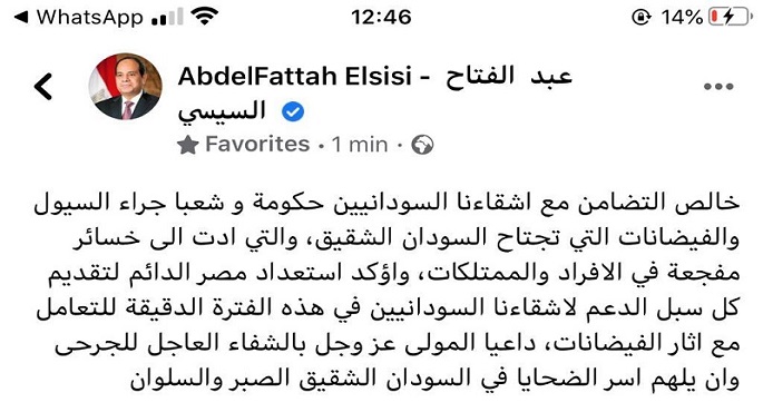 الرئيس السيسى يعبر عن تضامن مصر الكامل مع اشقاءنا فى السوادن جراء السيول