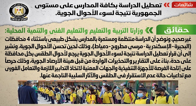بالصور.. مجلس الوزراء ينفى تعطيل الدراسة على مستوى الجمهورية نتيجة لسوء الأحوال الجوية