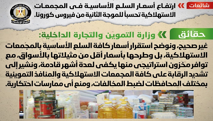 بالصور.. مجلس الوزراء: لا صحة لارتفاع أسعار السلع الأساسية بالمجمعات الاستهلاكية تحسبا للموجة الثانية من كورونا