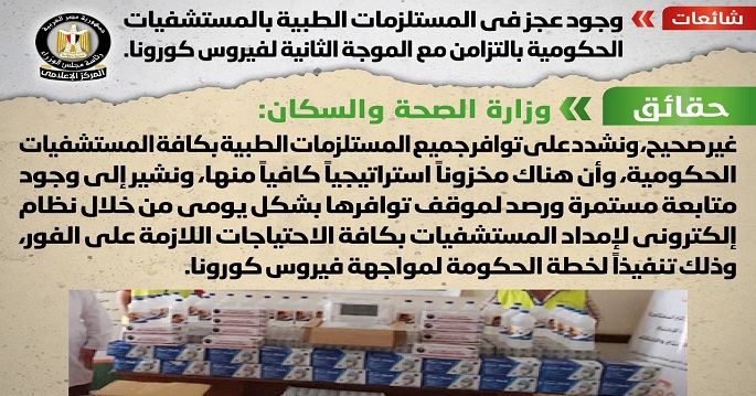الحكومة: لا صحة لوجود عجز في المستلزمات الطبية بالمستشفيات الحكومية تزامنا مع الموجة الثانية لكورونا
