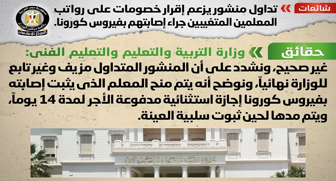 مجلس الوزراء ينفى إقرار خصومات على رواتب المعلمين المتغيبين جراء إصابتهم بفيروس كورونا