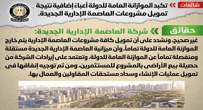 الحكومة : لا صحة لتكبد الموازنة العامة للدولة أعباءً إضافية نتيجة تمويل مشروعات العاصمة الإدارية
