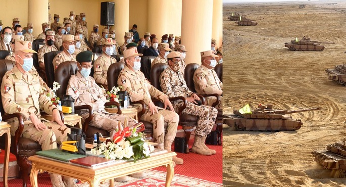 بالفيديو والصور..  الفريق محمد فريد ورؤساء أركان القوات المسلحة للدول العربية يشهدوا المرحلة الرئيسية للتدريب المشترك “سيف العرب”