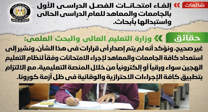 مجلس الوزراء: لا صحة لإلغاء امتحانات الفصل الدراسي الأول بالجامعات والمعاهد واستبدالها بأبحاث