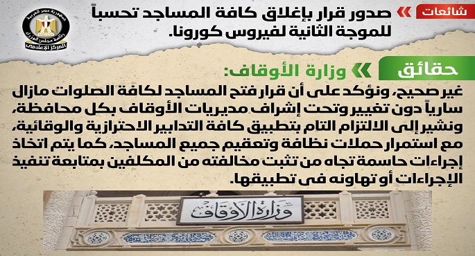مجلس الوزراء ينفى صدور قرار بإغلاق كافة المساجد تحسباً للموجة الثانية لفيروس كورونا