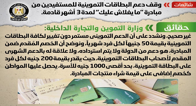 الوزراء: لا صحة لوقف دعم بطاقات التموين للمستفيدين من “مايغلاش عليك” لمدة 3 أشهر