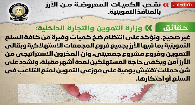 بالإنفوجراف.. مجلس الوزراء ينفي نقص الكميات المعروضة من الأرز بالمنافذ التموينية
