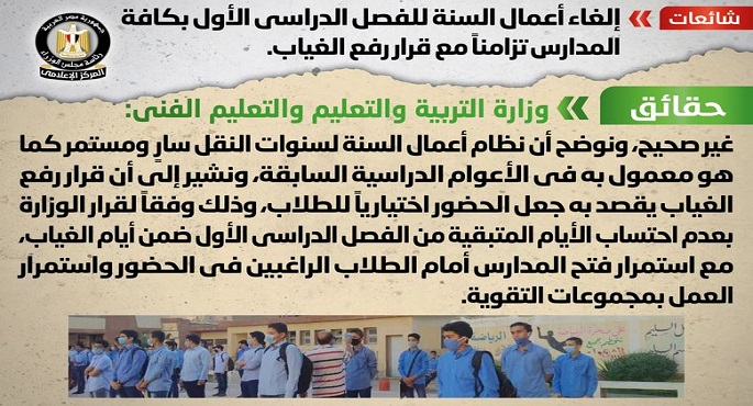 مجلس الوزراء: لا صحة لإلغاء أعمال السنة للفصل الدراسي الأول تزامناً مع رفع الغياب
