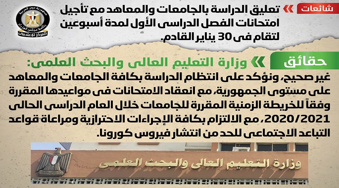 الحكومة تنفي تعليق الدراسة بالجامعات والمعاهد مع تأجيل امتحانات الفصل الدراسي الأول لـ 30 يناير