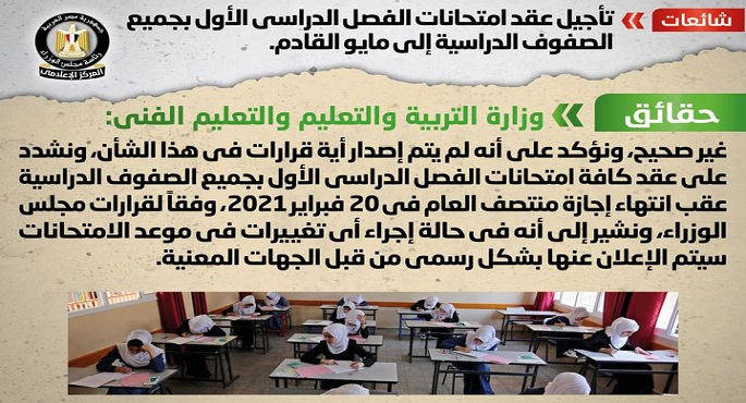بالصور.. مجلس الوزراء ينفي تأجيل عقد امتحانات الفصل الدراسي الأول بجميع الصفوف الدراسية إلى مايو القادم