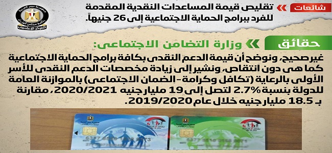 بالصور.. مجلس الوزراء: لا صحة لتقليص قيمة المساعدات النقدية المقدمة للفرد ببرامج الحماية الاجتماعية إلى 26 جنيها