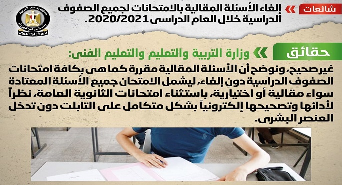 الحكومة تنفى إلغاء الأسئلة المقالية بالامتحانات لجميع الصفوف الدراسية خلال العام الدراسي 2020/2021
