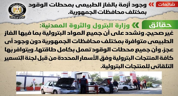 الحكومة تنفى وجود أزمة بالغاز الطبيعي بمحطات الوقود بمختلف محافظات الجمهورية