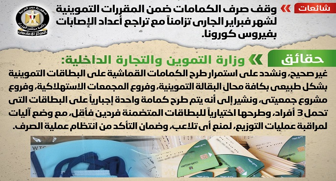 بالصور.. مجلس الوزراء ينفي وقف صرف الكمامات ضمن المقررات التموينية لفبراير الجاري تزامنا مع تراجع أعداد الإصابات بكورونا