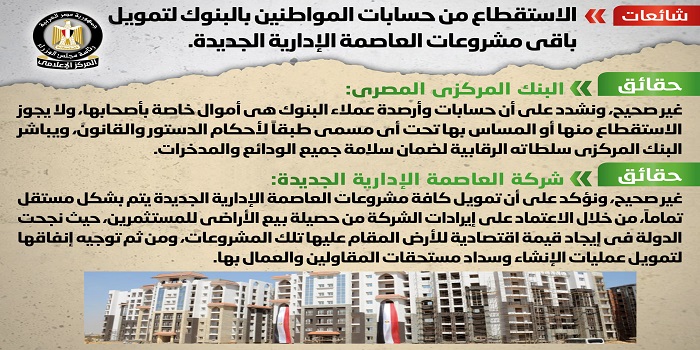 بالصور.. مجلس الوزراء: لا صحة للاستقطاع من حسابات المواطنين بالبنوك لتمويل باقي مشروعات العاصمة الإدارية