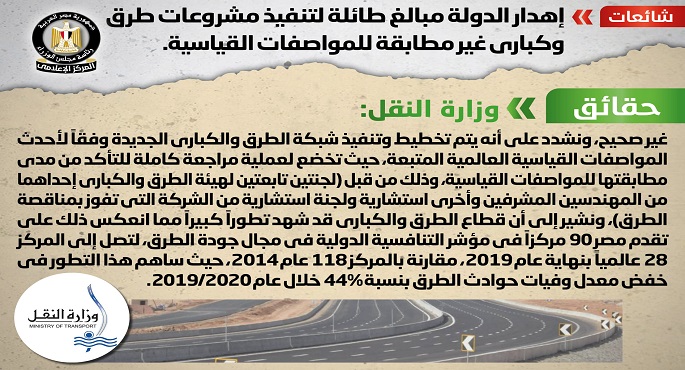 مجلس الوزراء: تنفيذ شبكة الطرق والكباري يتم وفقا لأحدث المواصفات العالمية