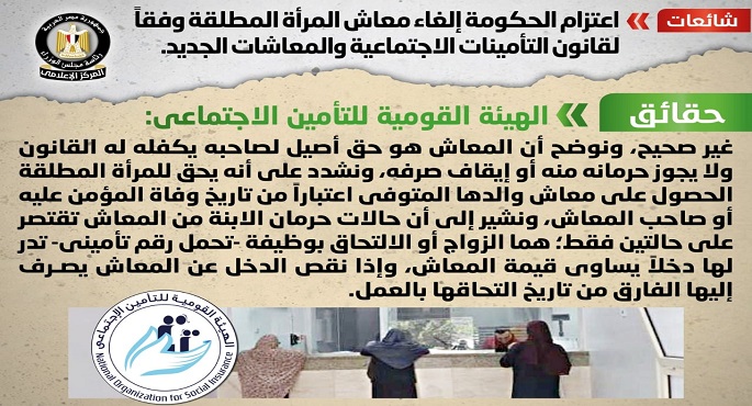 بالصور.. الحكومة تنفي اعتزامها إلغاء معاش المرأة المطلقة وفقاً لقانون التأمينات الاجتماعية والمعاشات الجديد