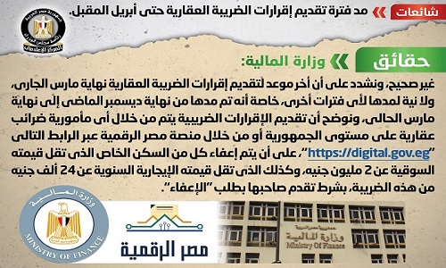 بالصور.. مجلس الوزراء: لا صحة لمد فترة تقديم إقرارات الضريبة العقارية حتى أبريل المقبل
