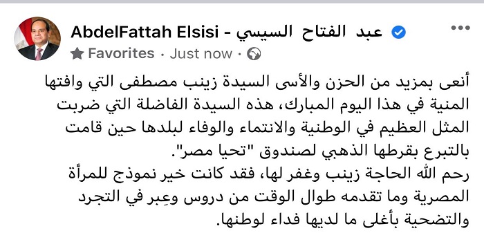 بالصور.. الرئيس السيسي ينعى الحاجة زينب المتبرعة بقرطها الذهبى لصالح صندوق “تحيا مصر”