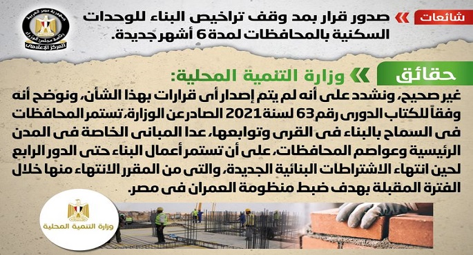 الحكومة تنفي صدور قرار بمد وقف تراخيص البناء للوحدات السكنية بالمحافظات لمدة ٦ أشهر جديدة