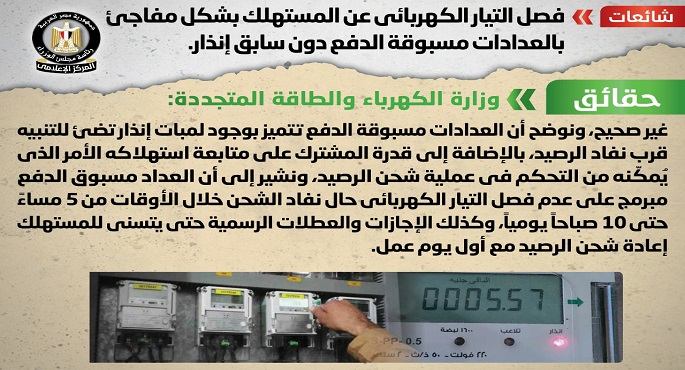 بالصور.. مجلس الوزراء: لا صحة  لفصل التيار الكهربائي عن المستهلك بشكل مفاجئ بالعدادات مسبوقة الدفع دون سابق إنذار