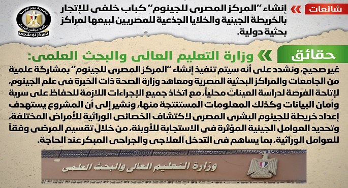 الحكومة تنفى شائعة إنشاء “المركز المصري للجينوم” كباب خلفي للإتجار بالخريطة الجينية والخلايا الجذعية للمصريين