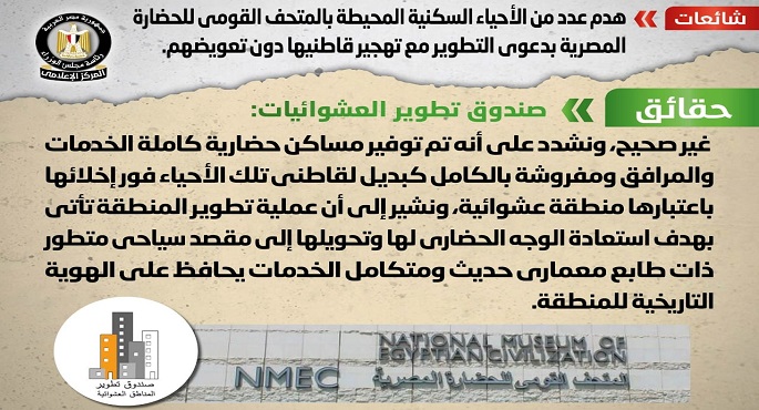 مجلس الوزراء ينفي هدم عدد من الأحياء السكنية المحيطة بالمتحف القومي للحضارة بدعوى التطوير مع تهجير قاطنيها دون تعويضهم