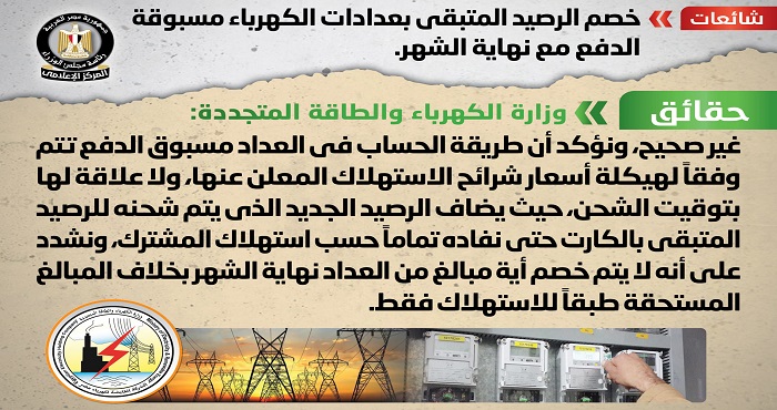 بالصور.. “مجلس الوزراء” ينفي خصم الرصيد المتبقي بعدادات الكهرباء مسبوقة الدفع مع نهاية الشهر