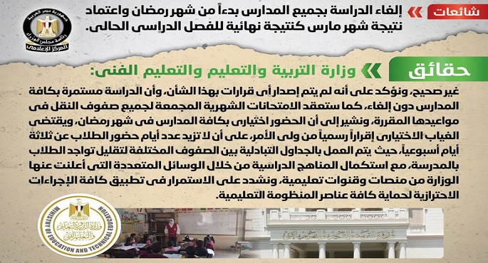 بالصور.. مجلس الوزراء: لا صحة لإلغاء الدراسة بجميع المدارس بدءا من شهر رمضان