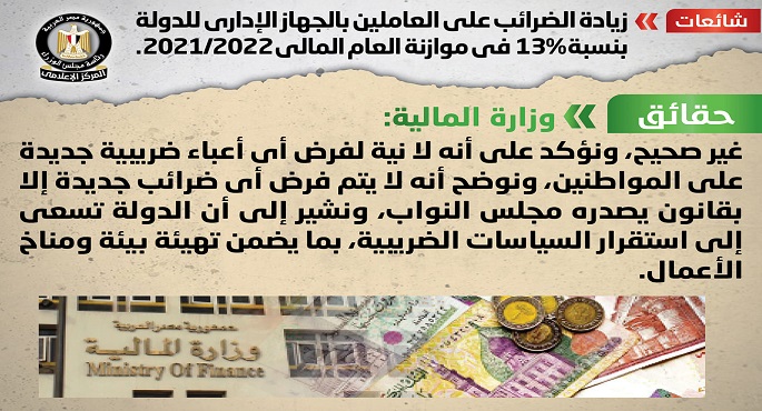 الحكومة تنفي شائعة زيادة الضرائب على العاملين بالجهاز الإداري للدولة بنسبة 13%