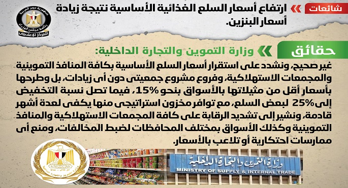 الحكومة تنفي ارتفاع أسعار السلع الغذائية الأساسية نتيجة زيادة أسعار البنزين