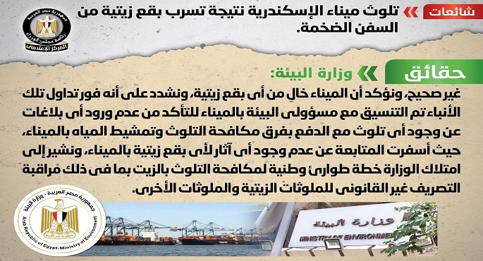 مجلس الوزراء ينفي تلوث ميناء الإسكندرية نتيجة تسرب بقع زيتية من السفن الضخمة