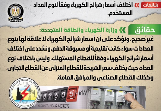 الحكومة تنفي اختلاف أسعار شرائح الكهرباء وفقاً لنوع العداد المستخدم