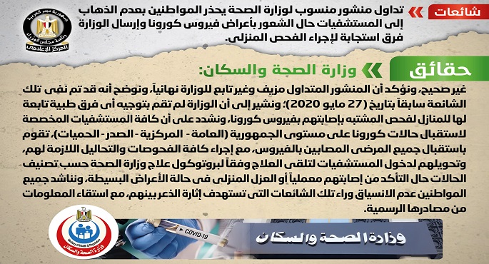 الحكومة تنفى منشور منسوب للصحة يحذر المواطنين من الذهاب للمستشفيات حال الشعور بأعراض كورونا