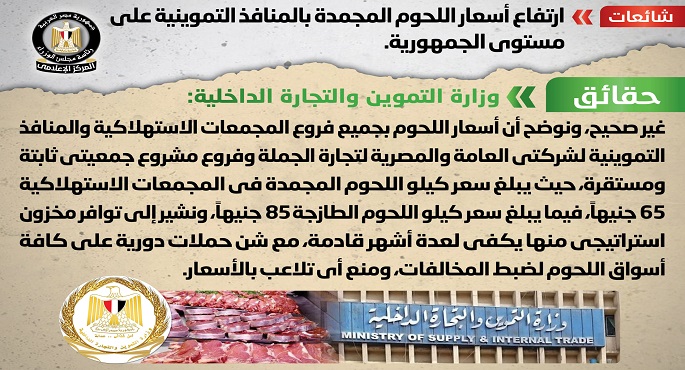مجلس الوزراء ينفي ارتفاع أسعار اللحوم المجمدة بالمنافذ التموينية على مستوى الجمهورية
